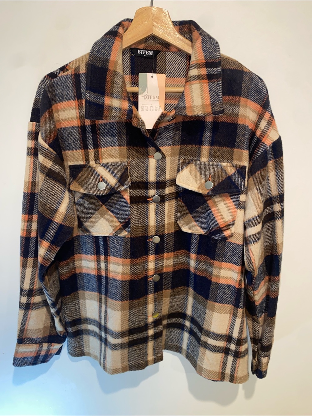 Women’s Plaid Button-Up Shacket Jacket - Navy & Tan
